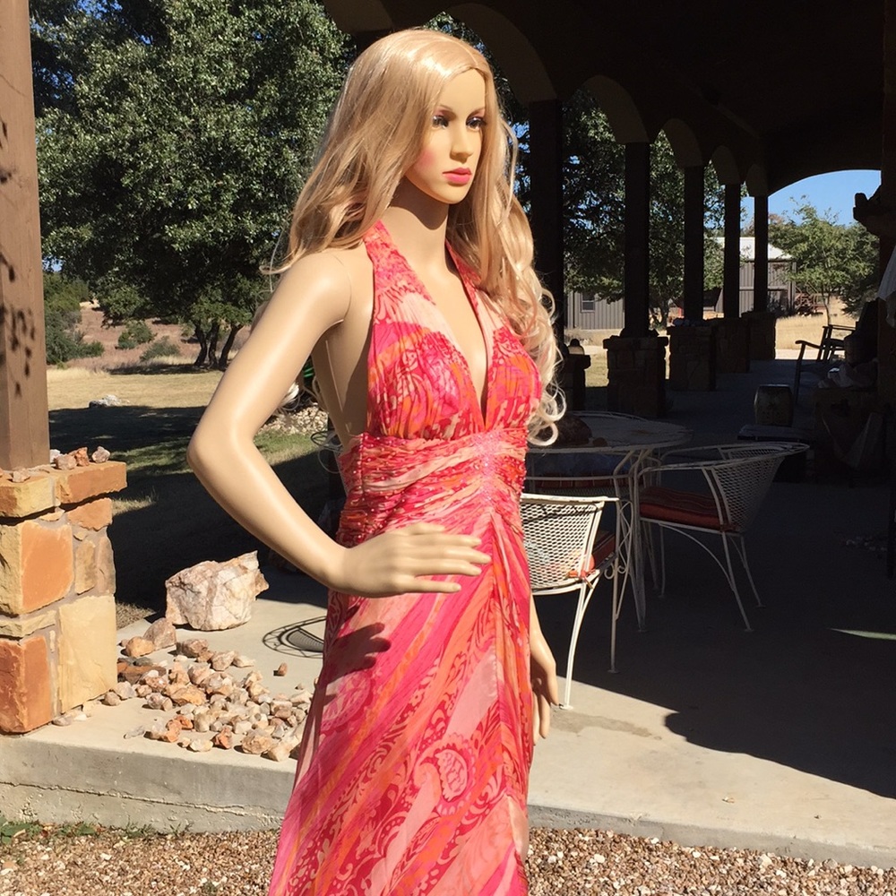 HP🎉BADGLEY MISCHKA FORMAL SEXY PINK & ORANGE HALTER FLOWY MAXI DRESS WITH SCARF - Picture 4 of 9